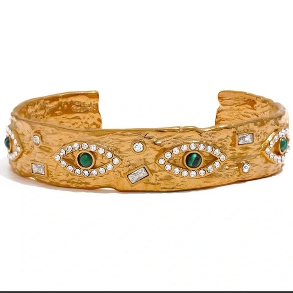 Anthropologie Baroque Malachite Gold Stainless Steel WaterproofEye Cuff Bracelet - Picture 3 of 14